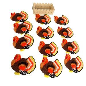 Vintage Plastic Canvas Needlepoint Thanksgiving Turkey Coasters Caddy Set of 12